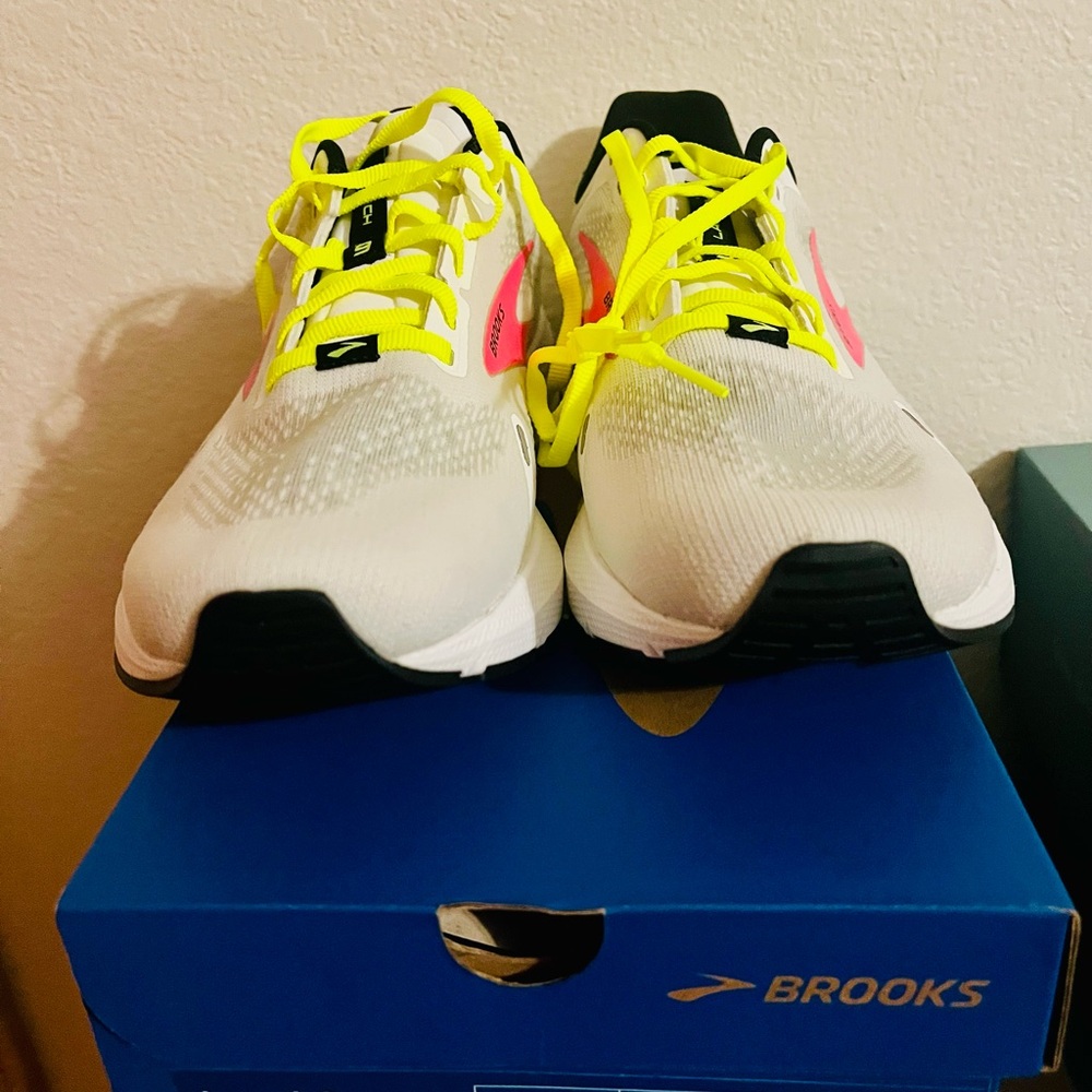 Brooks Athletic Shoes in White, Pink, and Yellow